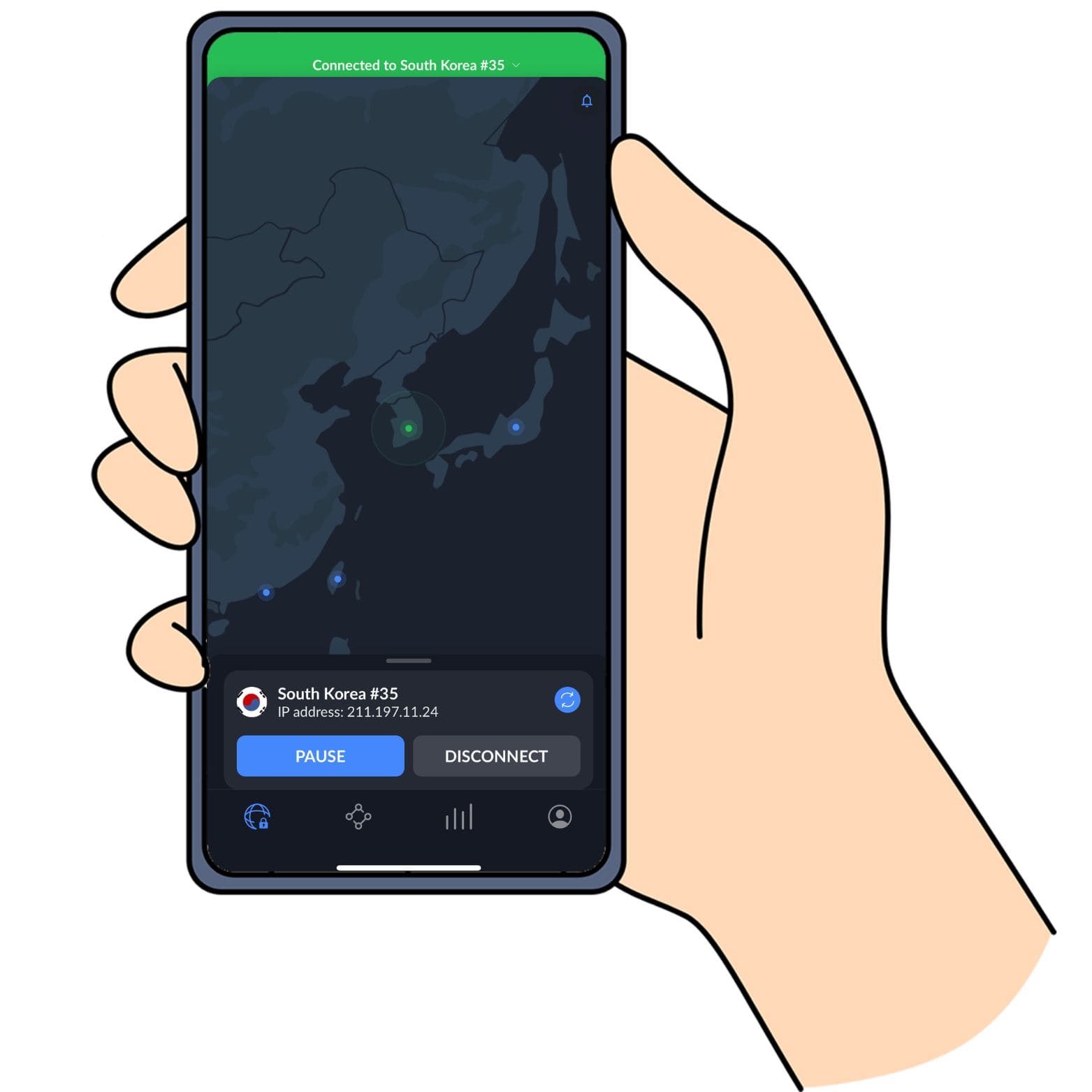 NordVPNを利用して韓国のVPNサーバーに接続した画面(スマホ)