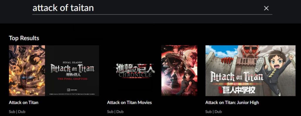 Crunchyrollで「Attack on Titan」と検索した結果の画面