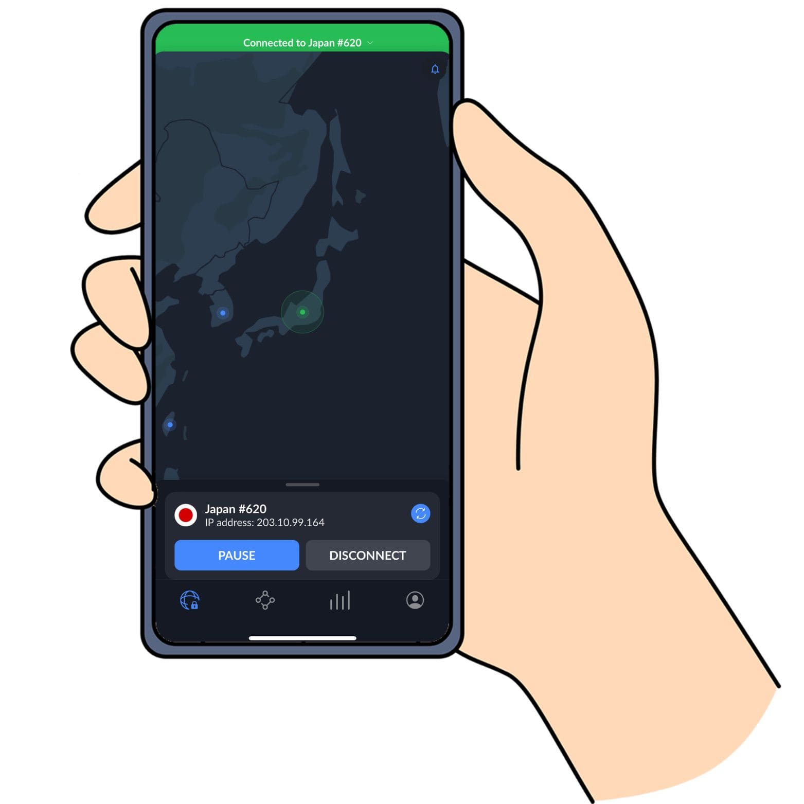 VPNアプリで日本のサーバーを選んで接続した画面