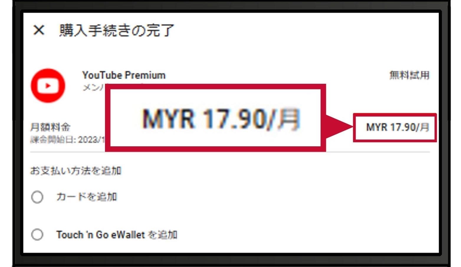 マレーシアのYouTubeプレミアムで支払い情報を入力する画面