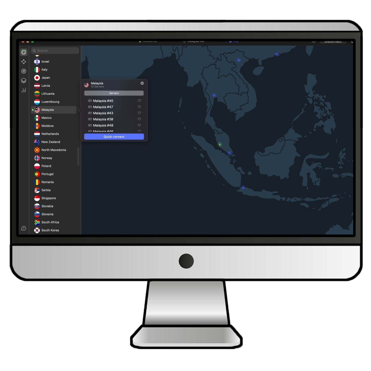 NordVPNのアプリでマレーシアのサーバーに接続した画面