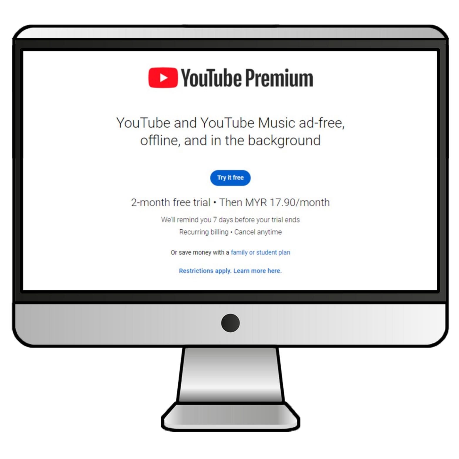 2023年11月にマレーシアのYouTubeプレミアム登録画面で確かめた月額はMYR 17.90だった