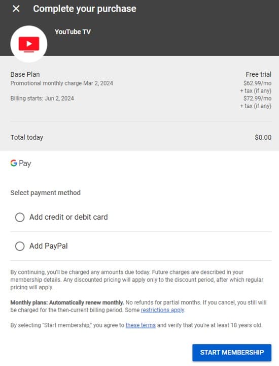YouTube TVの登録画面で支払い方法を追加する