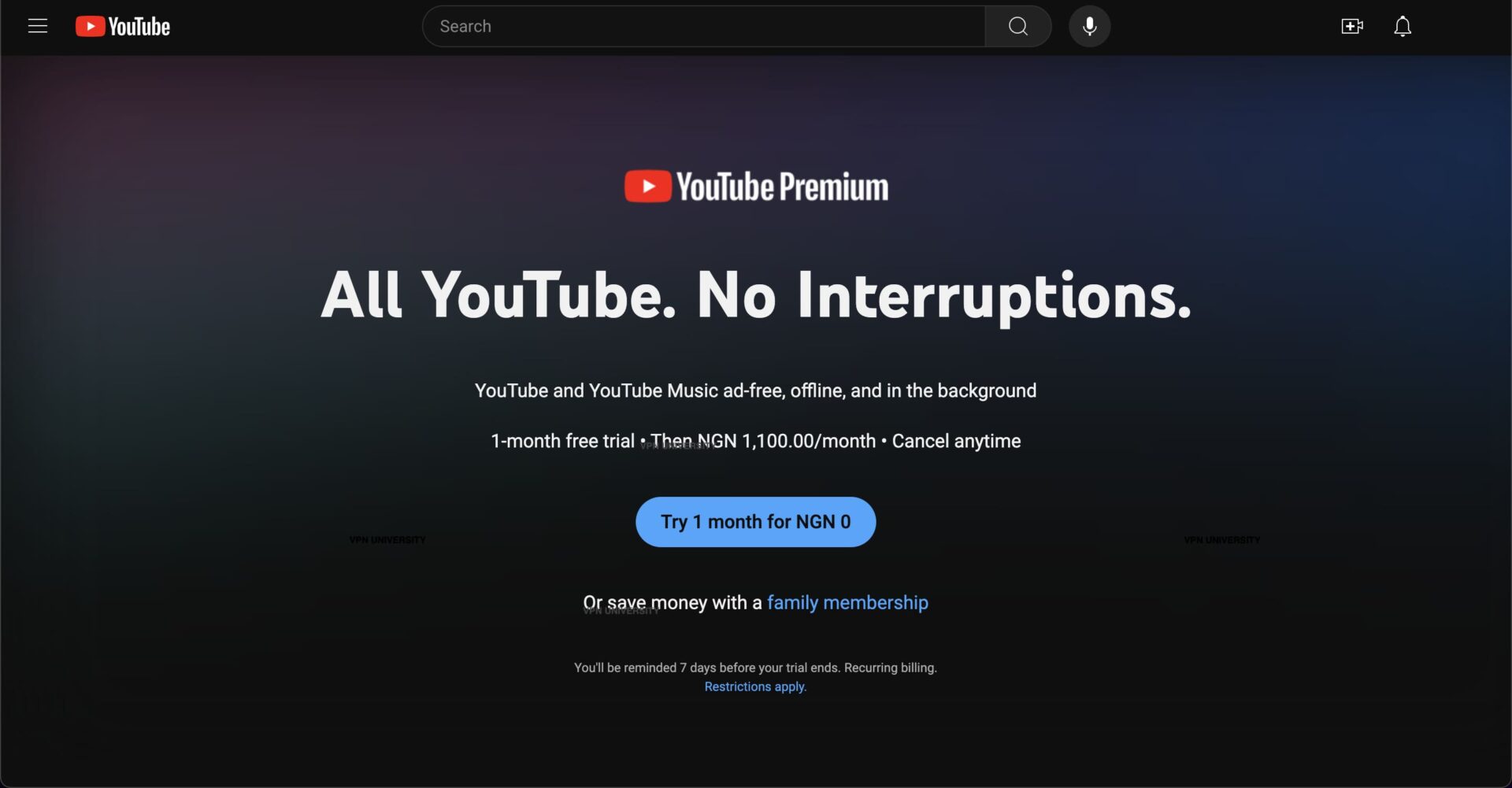 VPN接続後にYouTube Premiumの表示料金が現地通貨に切り替わる
