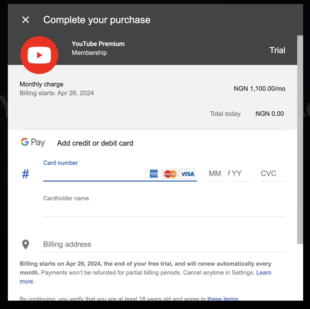 ナイジェリアのYouTubeプレミアムの支払い情報を入力する画面