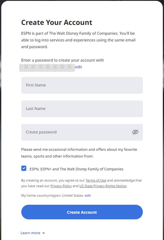 ESPNのアカウントに氏名とパスワードを設定する
