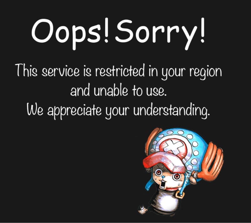 日本からMANGA Plusを開くと「This service is restricted in your region and unable to use.」と書かれたお知らせ画面が表示され、作品が読めない