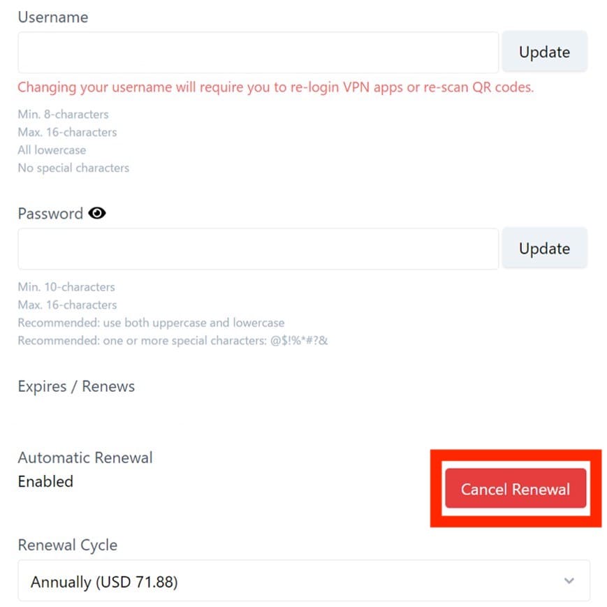 12VPXの自動更新はCancel Renewalを選んで停止する