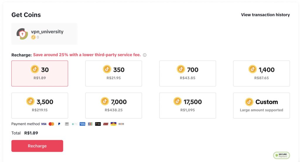 VPNでブラジルに接続して開いたTikTokのチャージ画面に出るコインの金額