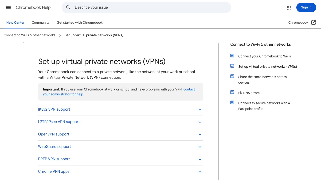 Google公式のChromebookヘルプ。ChromebookがIKEv2・L2TP/IPsec・OpenVPN・WireGuardのVPN接続に対応していることがわかる