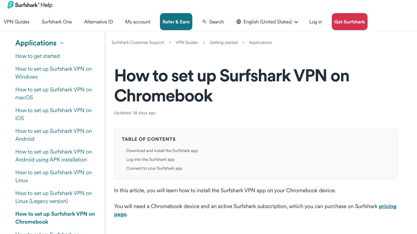 Surfshark公式サポートのChromebook向け設定ページ。Google PlayからVPNアプリを入れる手順が案内されている