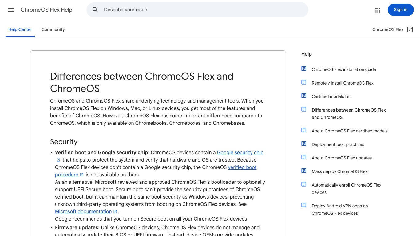 Google公式のChromeOS Flexヘルプ。ChromeOS FlexはChromebookと違いAndroidアプリに対応していないことが説明されている