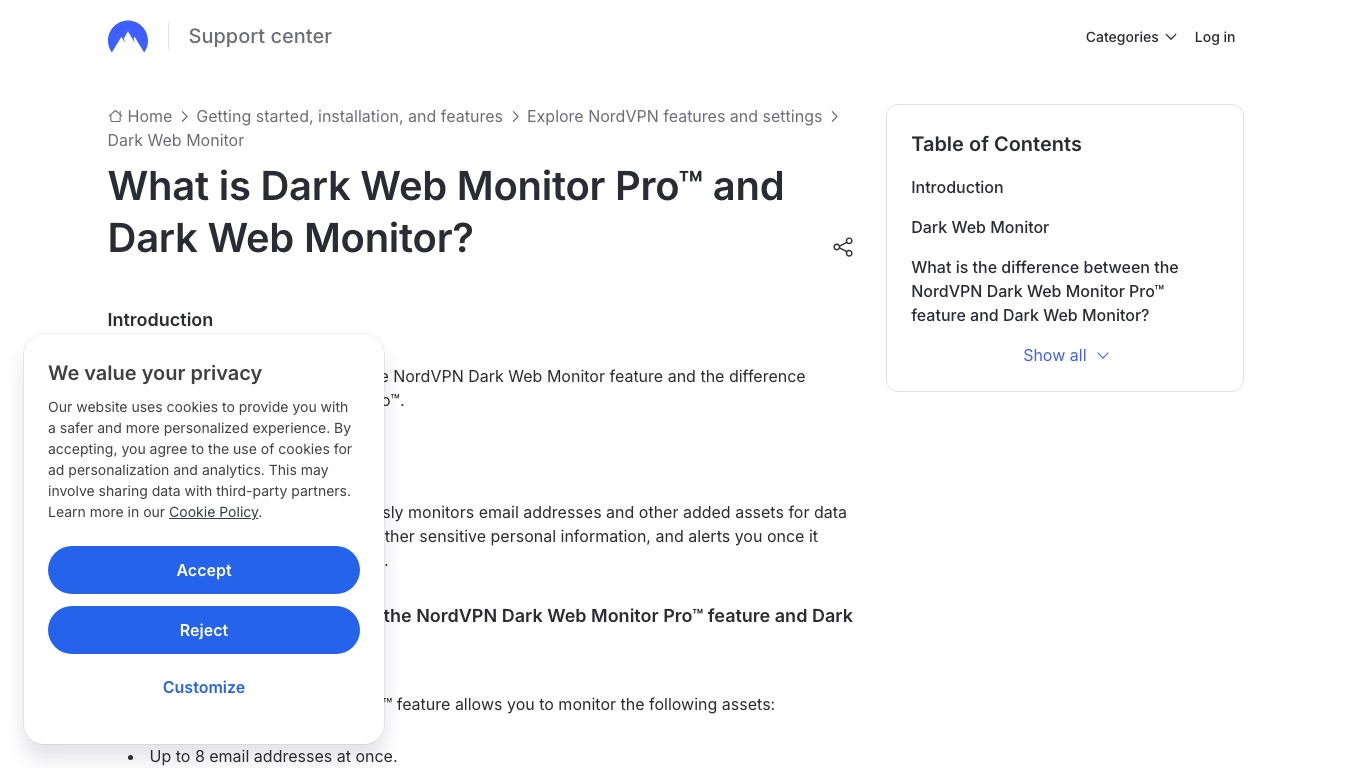 NordVPNの公式サポートページで案内されているダークウェブモニタリング機能