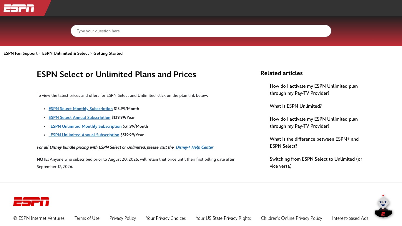 ESPN公式サポートに掲載されたESPN SelectとESPN Unlimitedの料金プラン一覧