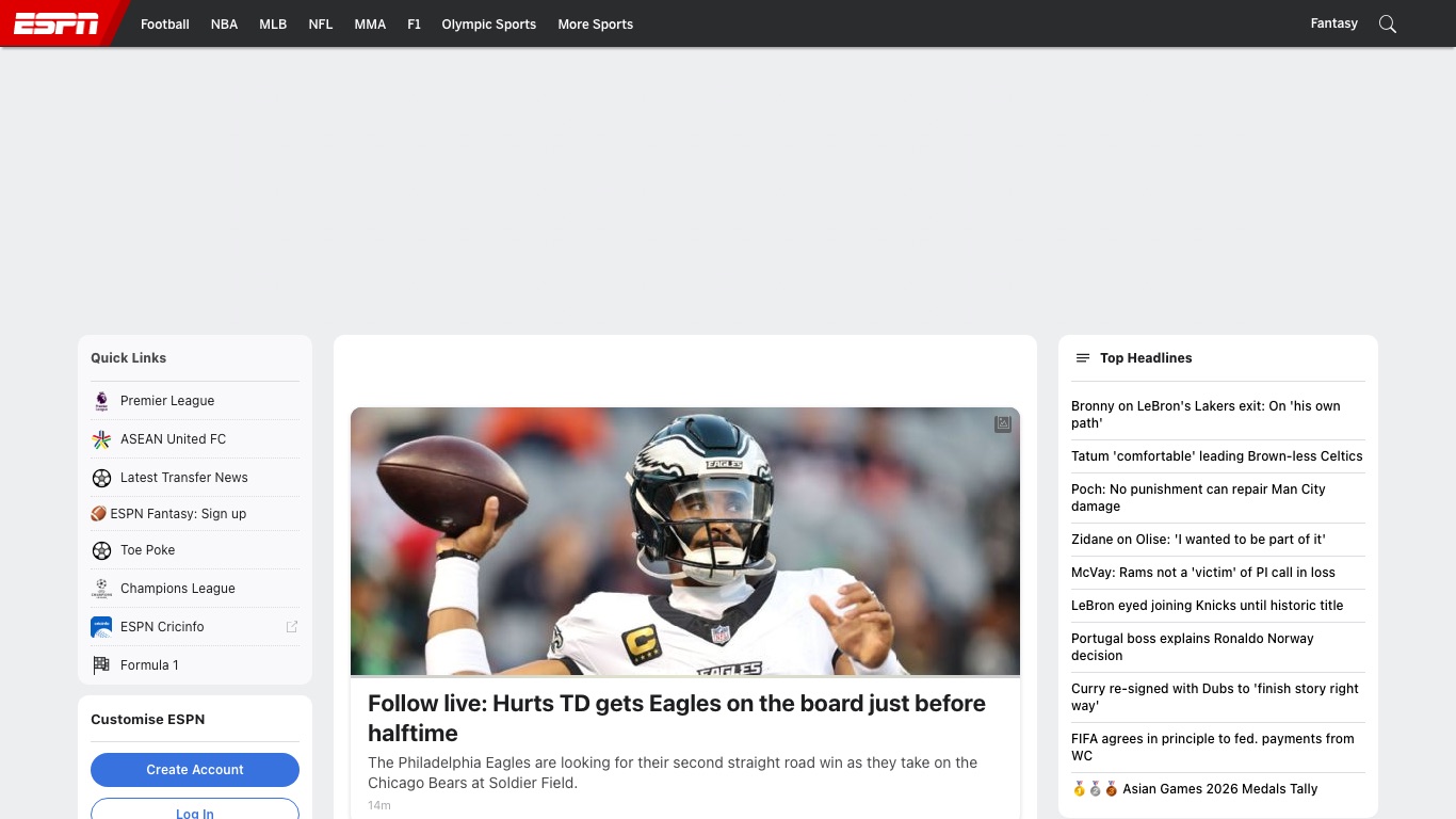 日本からESPNを開くと国際版が表示され、動画配信の申し込み導線が出てこない
