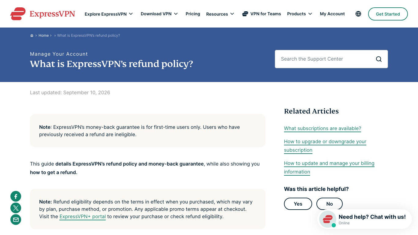 ExpressVPNの30日間返金保証は初めて契約する人が対象と公式に明記されている