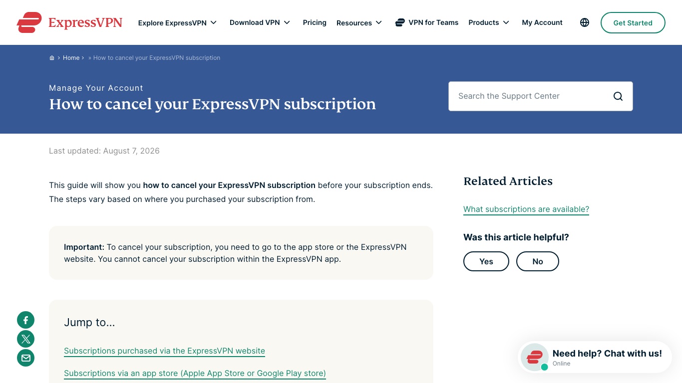 ExpressVPNの解約はアプリ内ではできず、ブラウザかアプリストアから手続きする