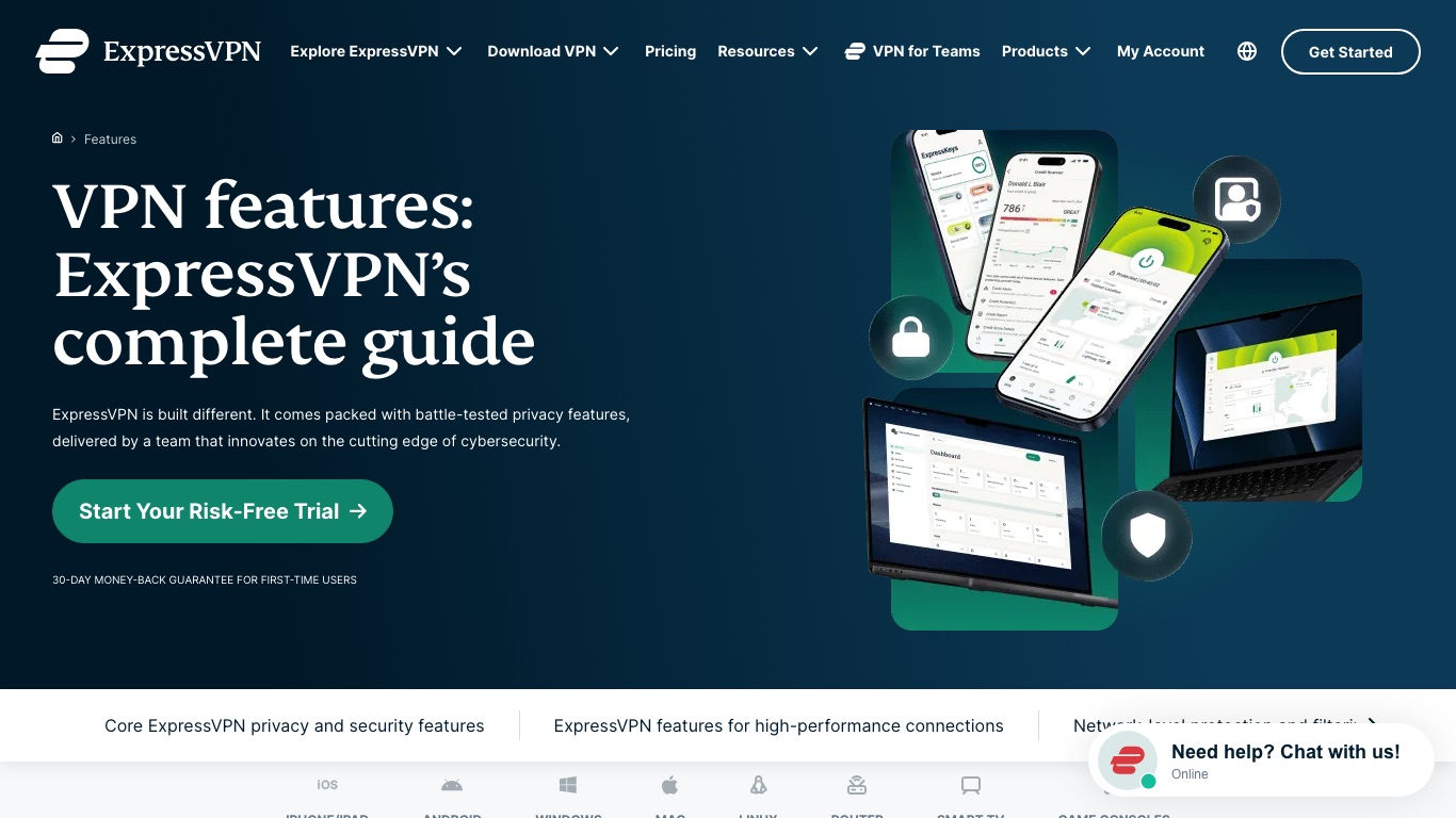 ExpressVPNの機能一覧ページ。Lightwayやキルスイッチなどの機能と対応デバイスが並ぶ