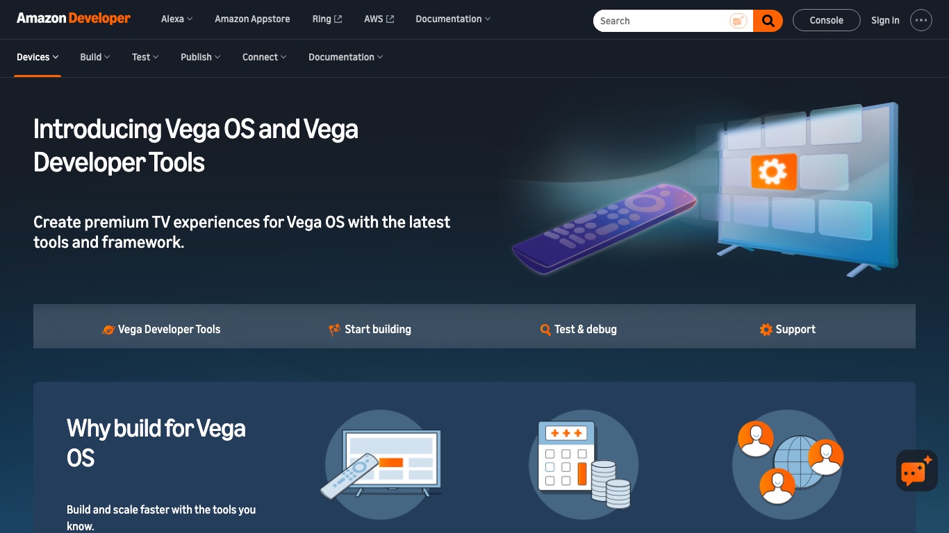 Amazonが2025年に公開したVega OSの開発者向けページ。新しいFire TV端末はAndroidベースのFire OSから移行が進む