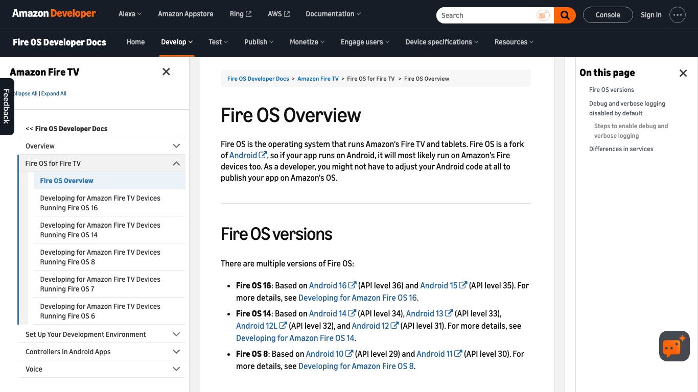 Amazon公式のFire OS解説ページ。Fire OSはAndroidをベースにしており、VPNアプリが動く仕組みがわかる