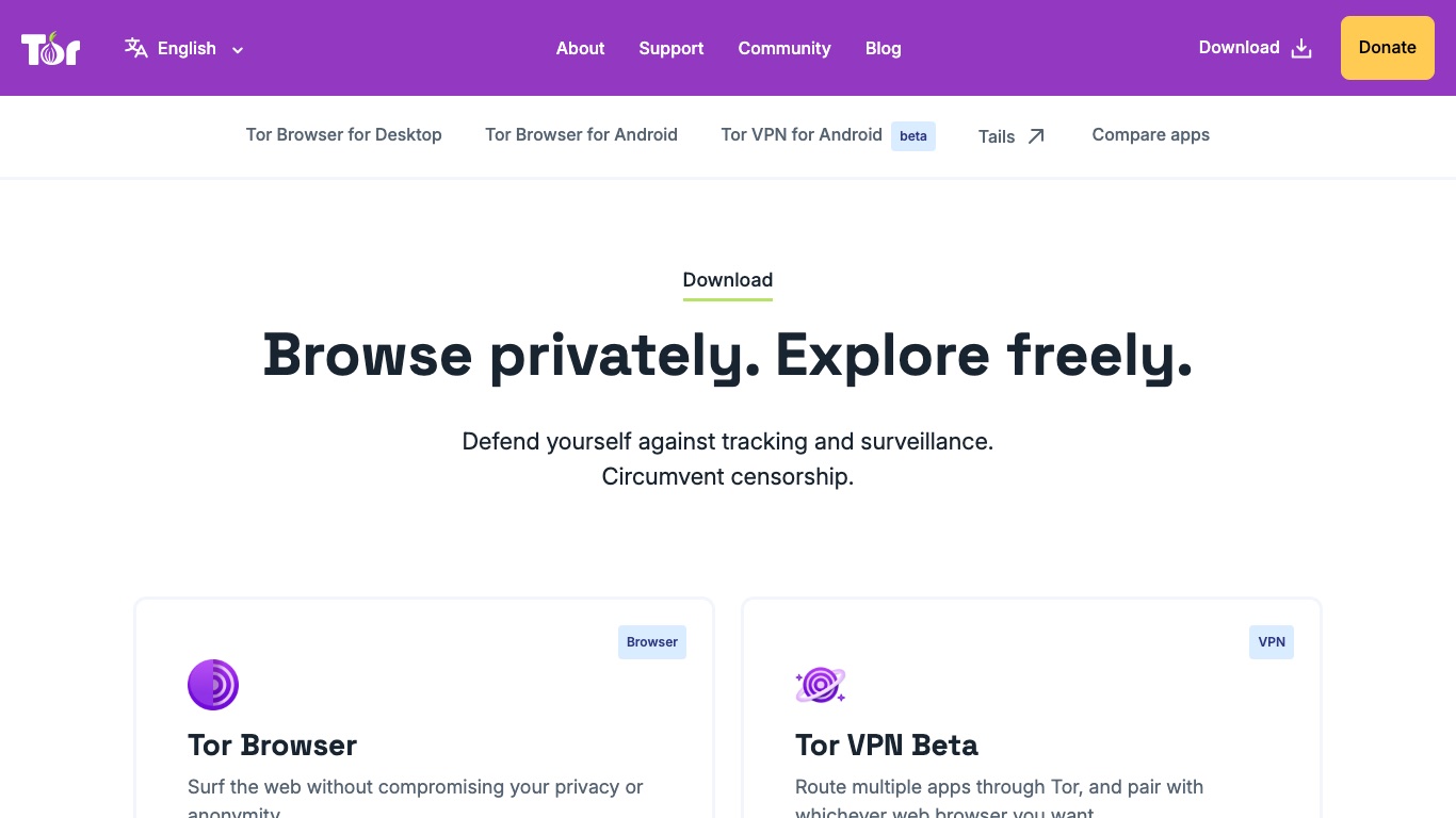 Tor Project公式サイトのダウンロードページ。Torブラウザはデスクトップ版とAndroid版が無料で配布されている
