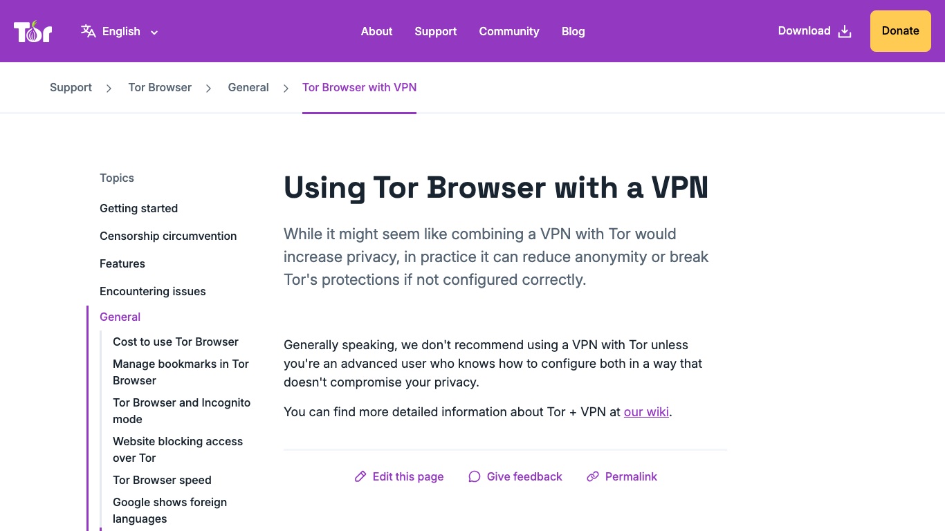 Tor Project公式サポートは、VPNとTorの併用を上級者向けと案内している