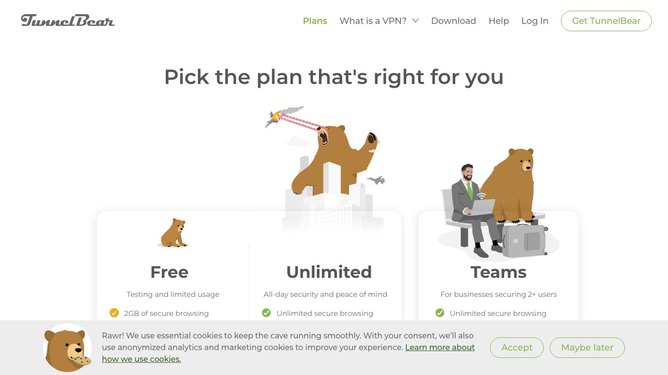 TunnelBearの料金プラン|無料プランは月2GBまで、Unlimitedプランは月3.33ドルから