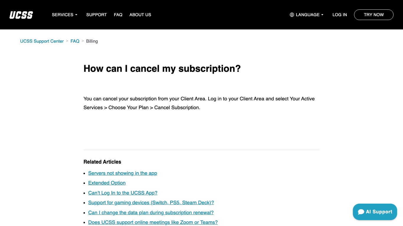 UCSS公式サポート。解約は会員ページのYour Active ServicesからCancel Subscriptionを選ぶ