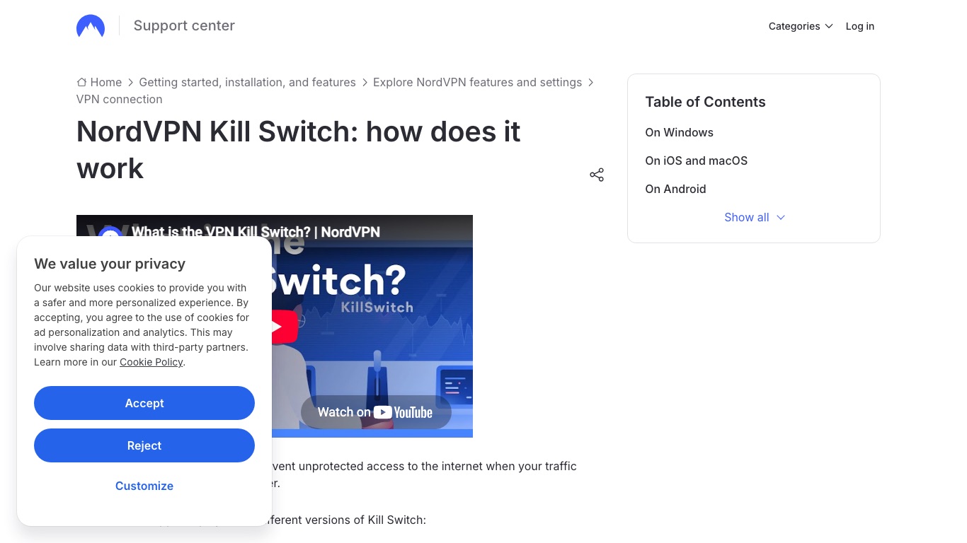 NordVPN公式サポートのキルスイッチ解説ページ。Windows・iOS・macOS・Androidごとに項目が分かれている