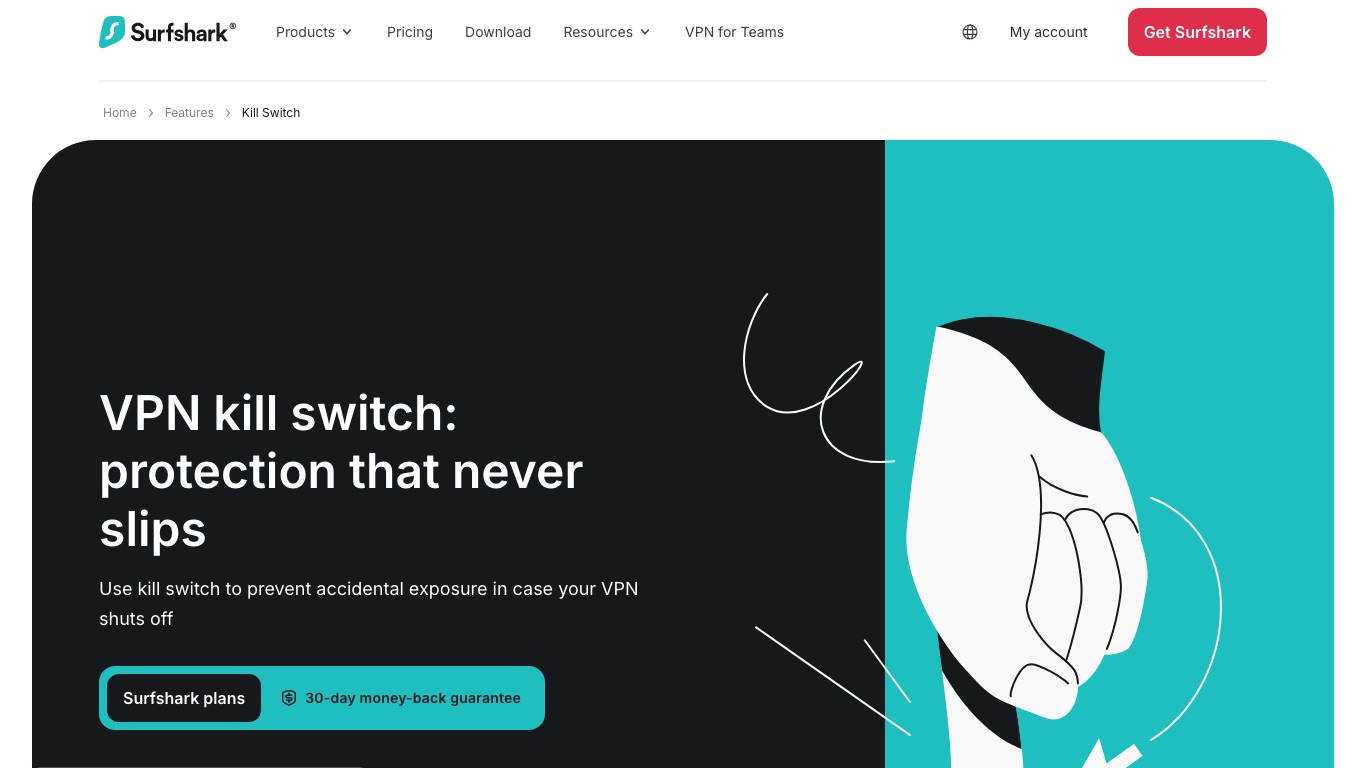 Surfshark公式サイトのキルスイッチ解説ページ。VPNが切れたときに通信を遮断すると案内されている