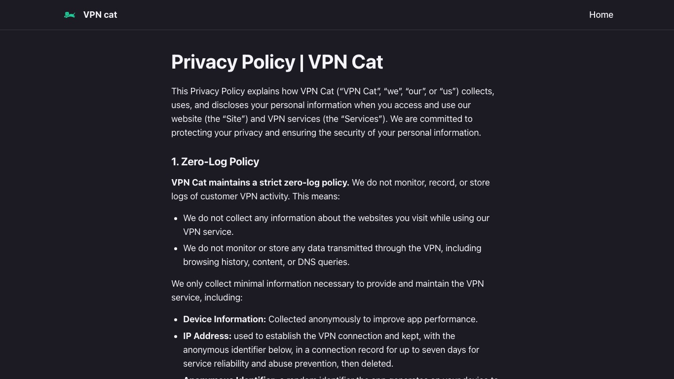 VPNネコのプライバシーポリシー。ゼロログ方針と書きつつIPアドレスを最大7日間保持すると明記されている