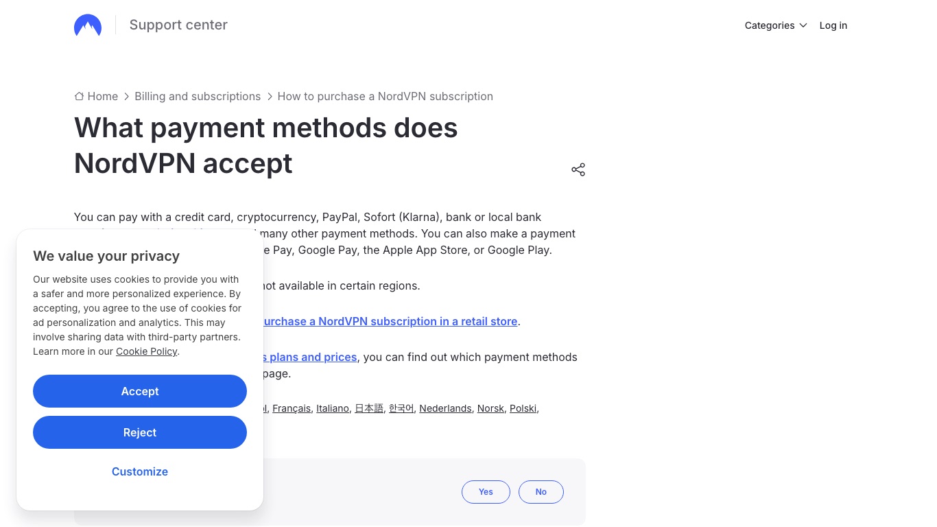 NordVPN公式ヘルプの支払い方法ページ。クレジットカード・仮想通貨・PayPalなどに対応していると書かれている