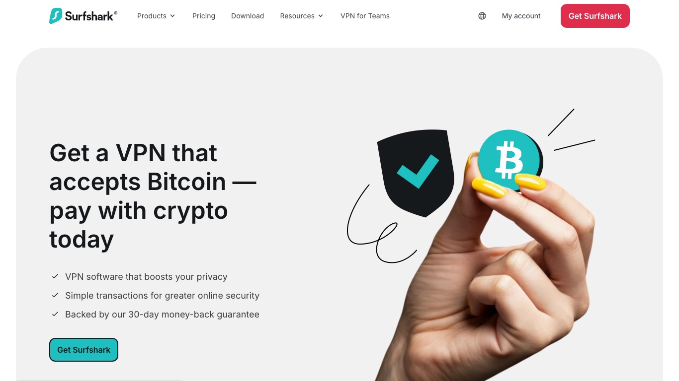 Surfshark公式サイトの仮想通貨ページ。暗号資産で支払える