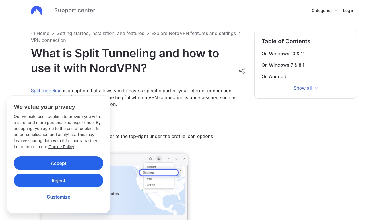 NordVPN公式サポートのスプリットトンネリング解説。対応はWindowsとAndroidと案内されている