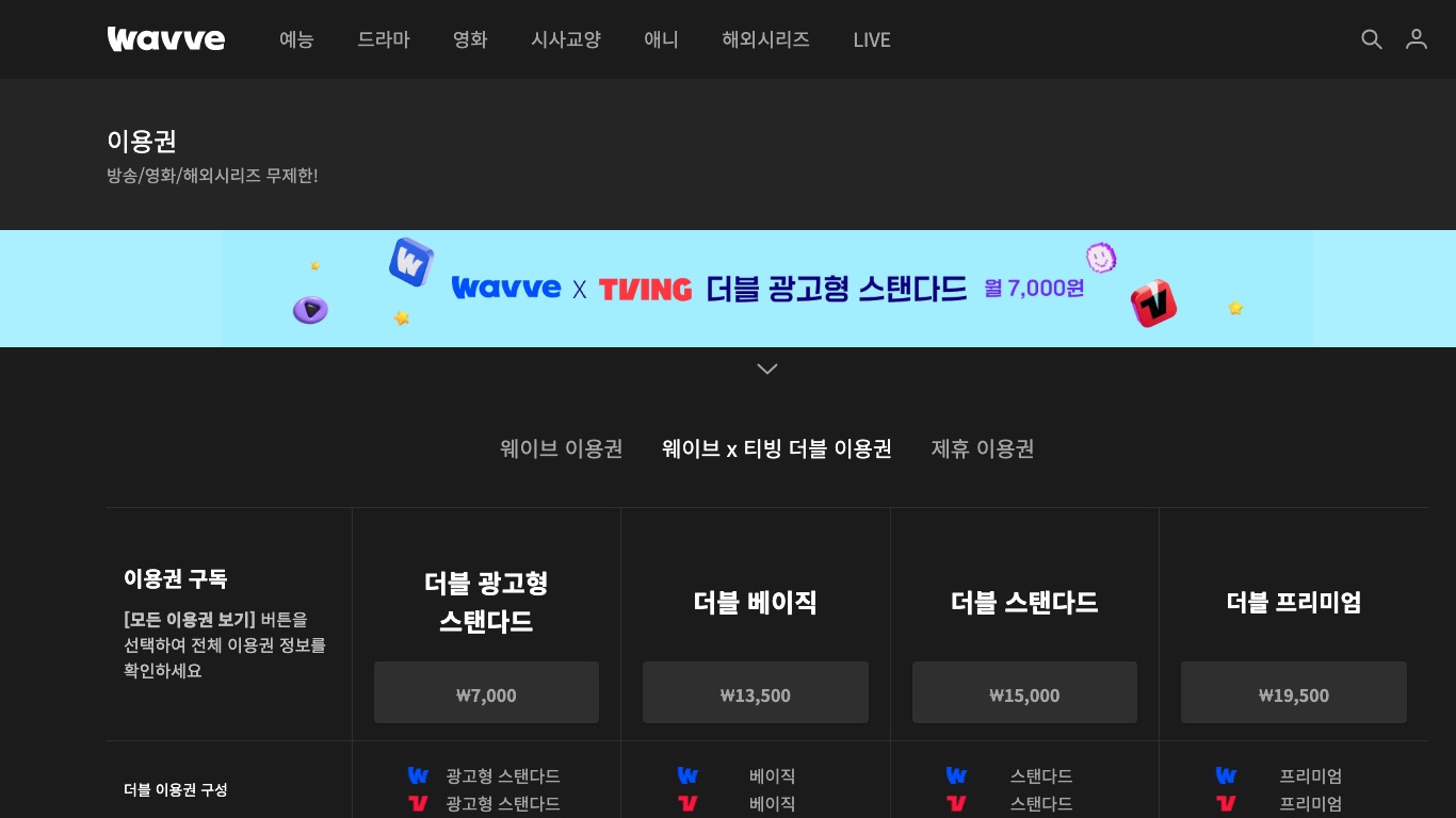 Wavve公式サイトの이용권（利用券）ページ。Wavveは有料の月額プランが必要
