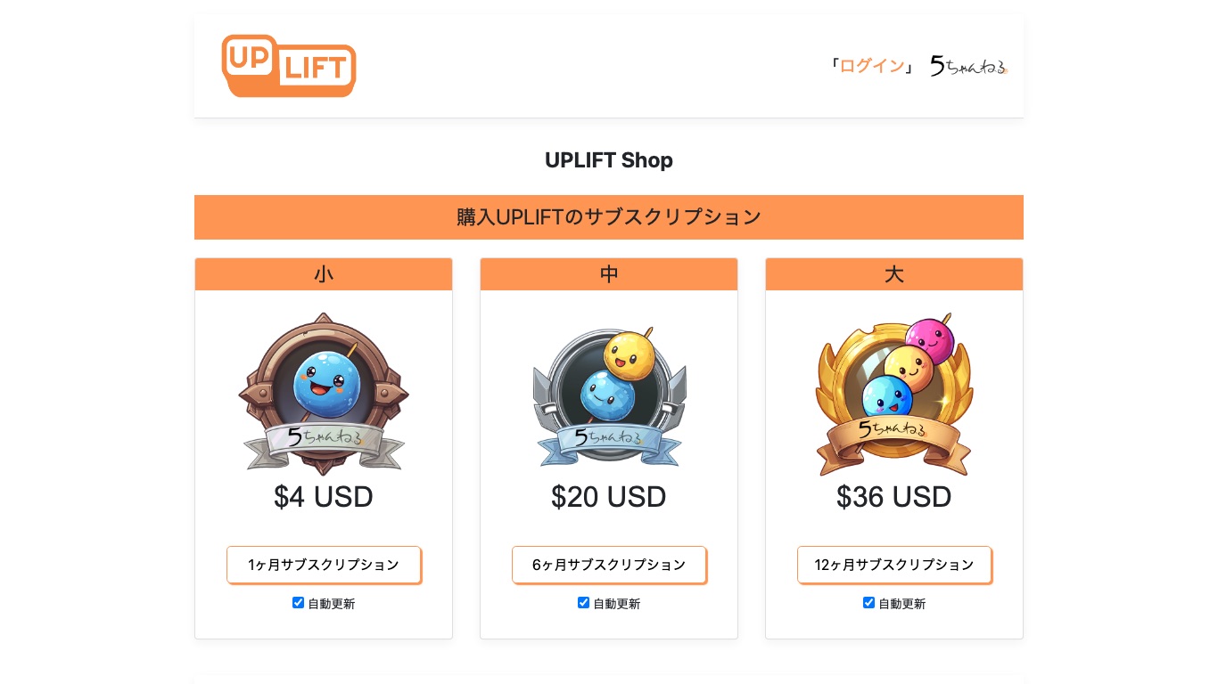 5ch公式の有料サービスUPLIFTの購入画面。1ヶ月4ドル・6ヶ月20ドル・12ヶ月36ドルのサブスクリプションが並ぶ