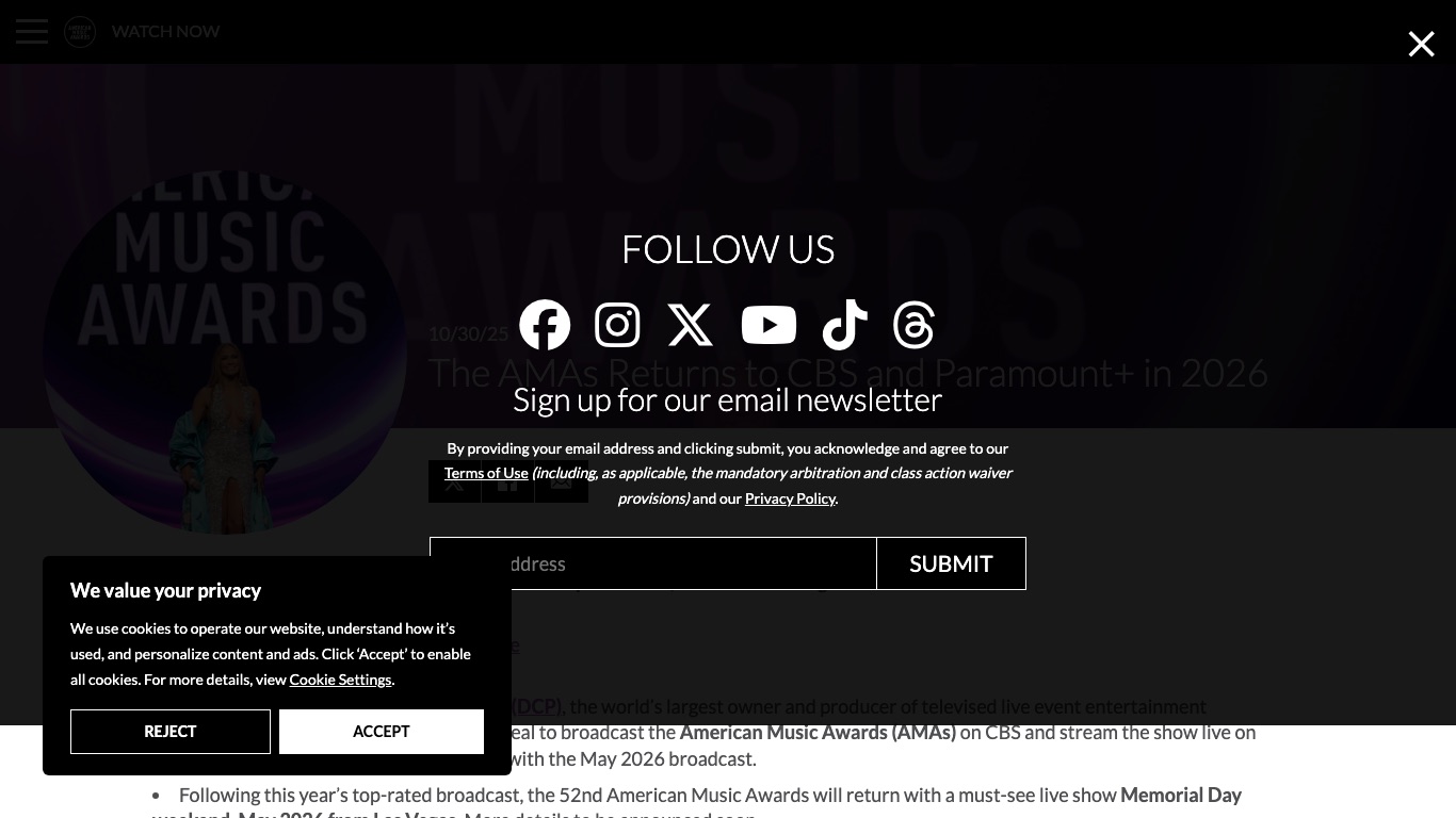 AMAs公式サイトの発表では、AMAsは2026年5月放送分からCBSとParamount+で5年契約となった