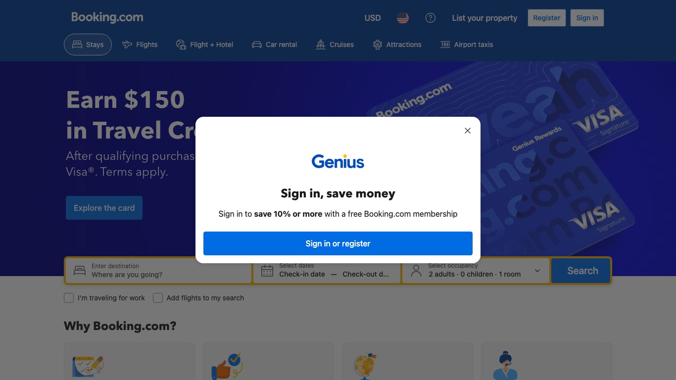 日本からVPNなしでBooking.comを開いた画面。表示通貨はUSDで、無料会員Geniusの10%以上の割引が案内される
