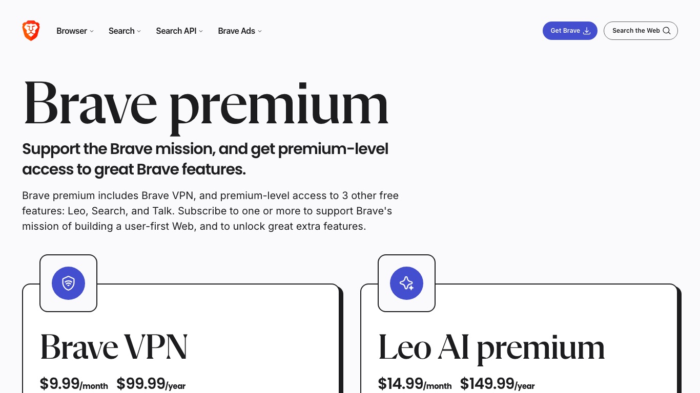 Brave premiumの料金ページ。Brave VPNは月額9.99ドル・年額99.99ドルと表示されている