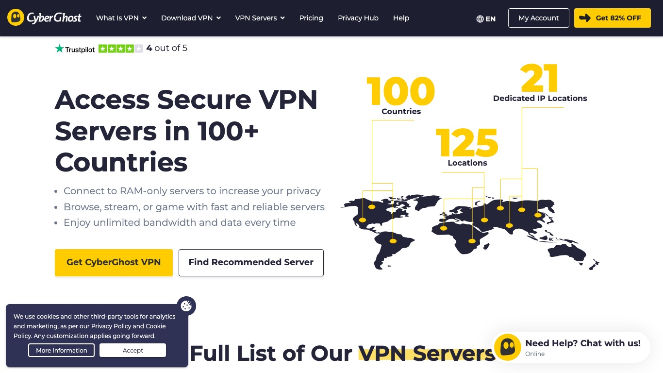 CyberGhost公式のサーバー一覧ページ。100カ国にサーバーを設置していることが公表されている