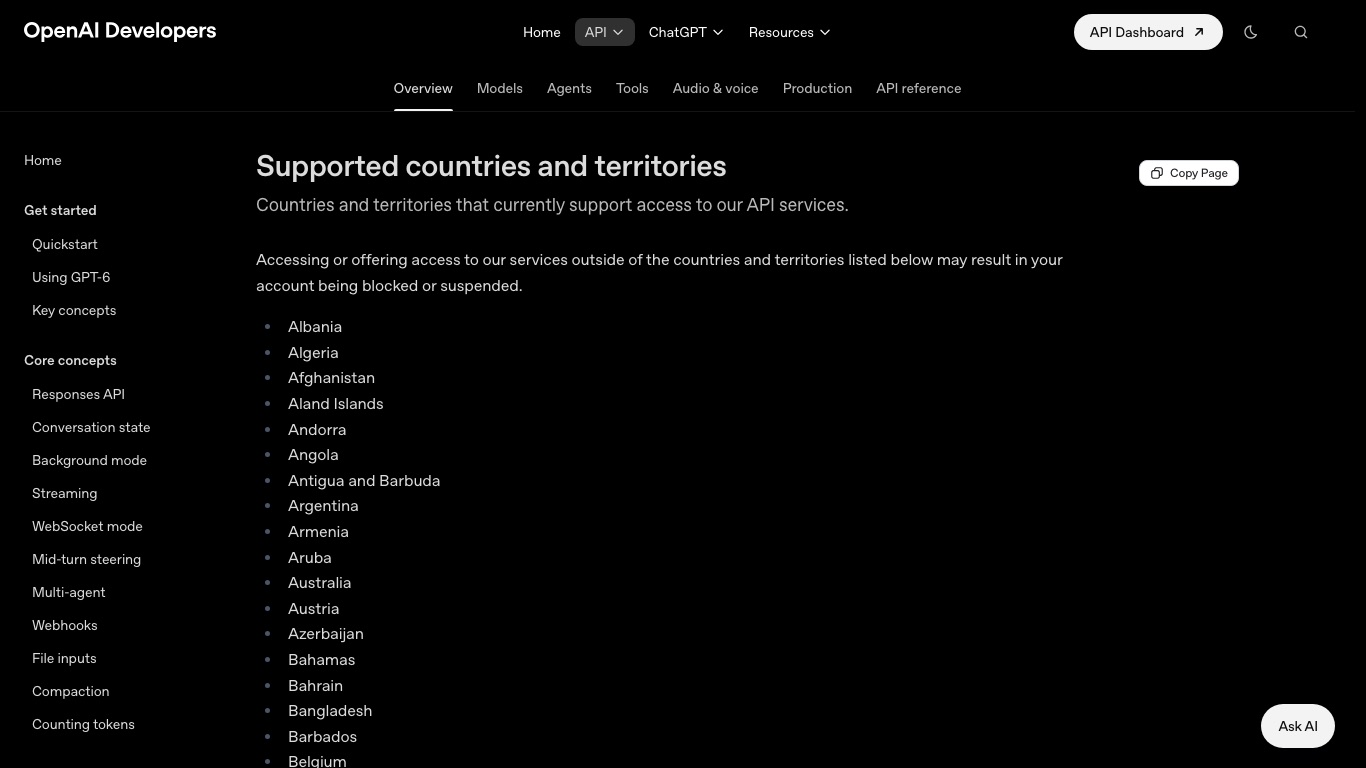 OpenAI公式の対応国・地域の一覧ページ。中国本土・香港・マカオは掲載されていない
