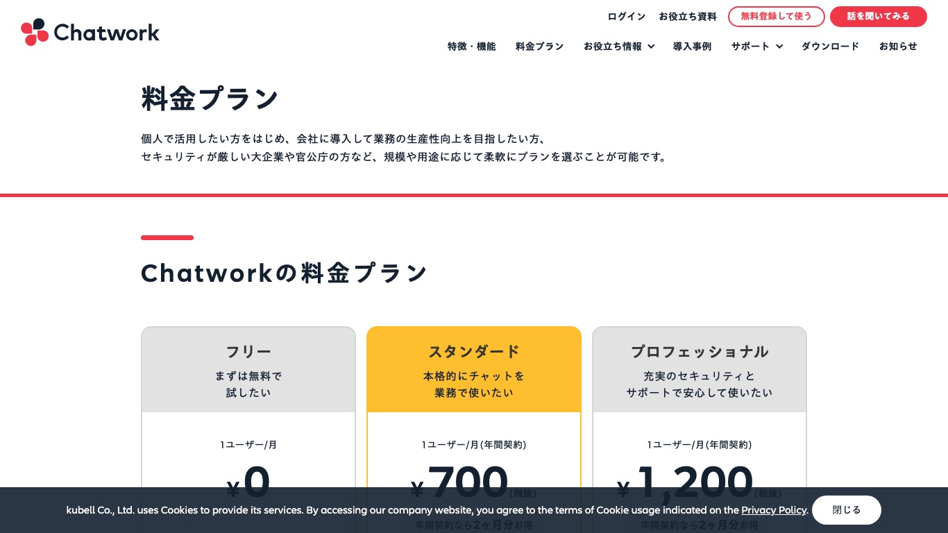 Chatwork公式の料金プラン。フリー0円・スタンダード700円・プロフェッショナル1,200円(年間契約・税抜)