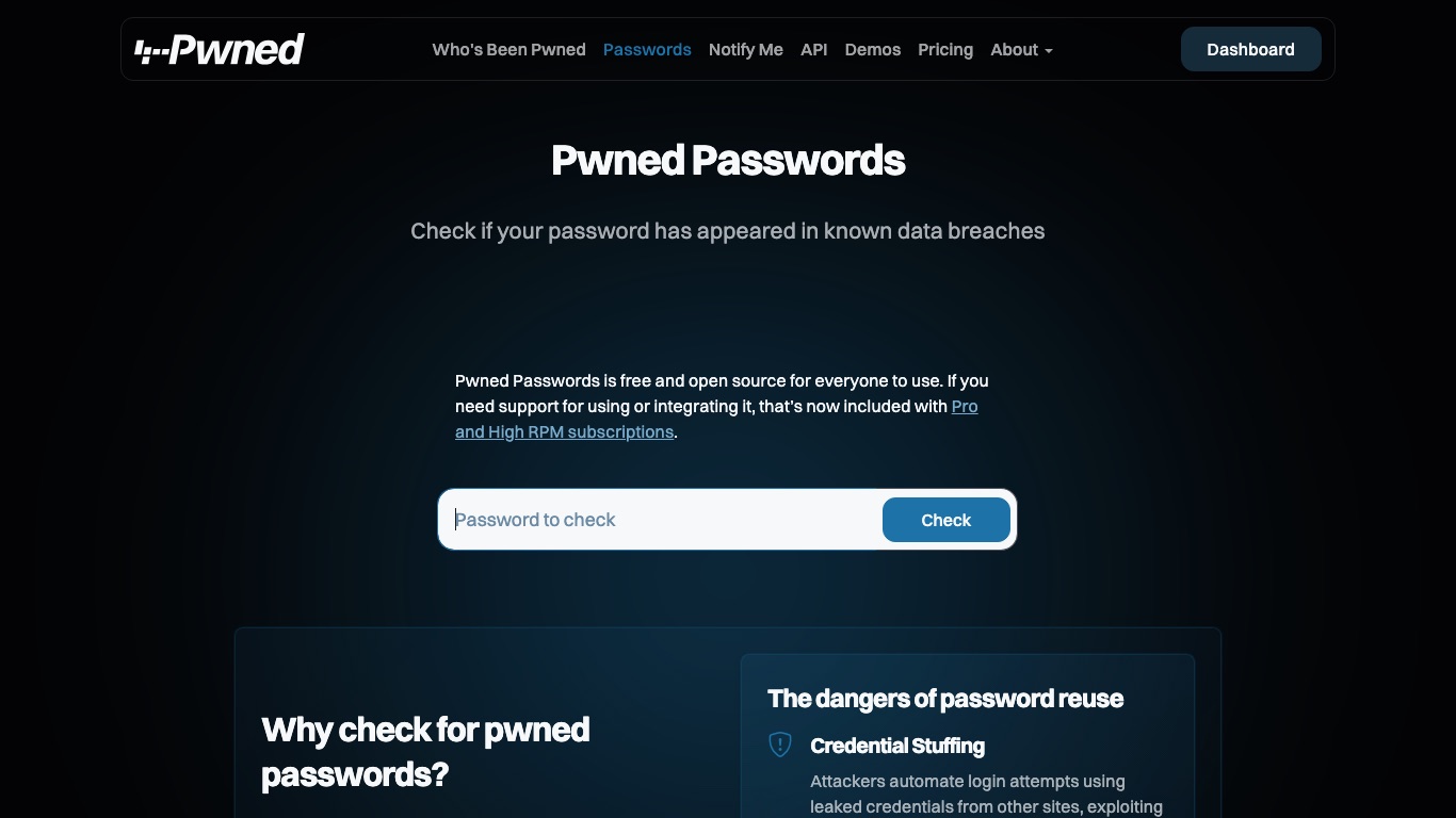 Have I Been Pwned の Pwned Passwords。パスワードが既知の流出データに含まれていたかを確認できる