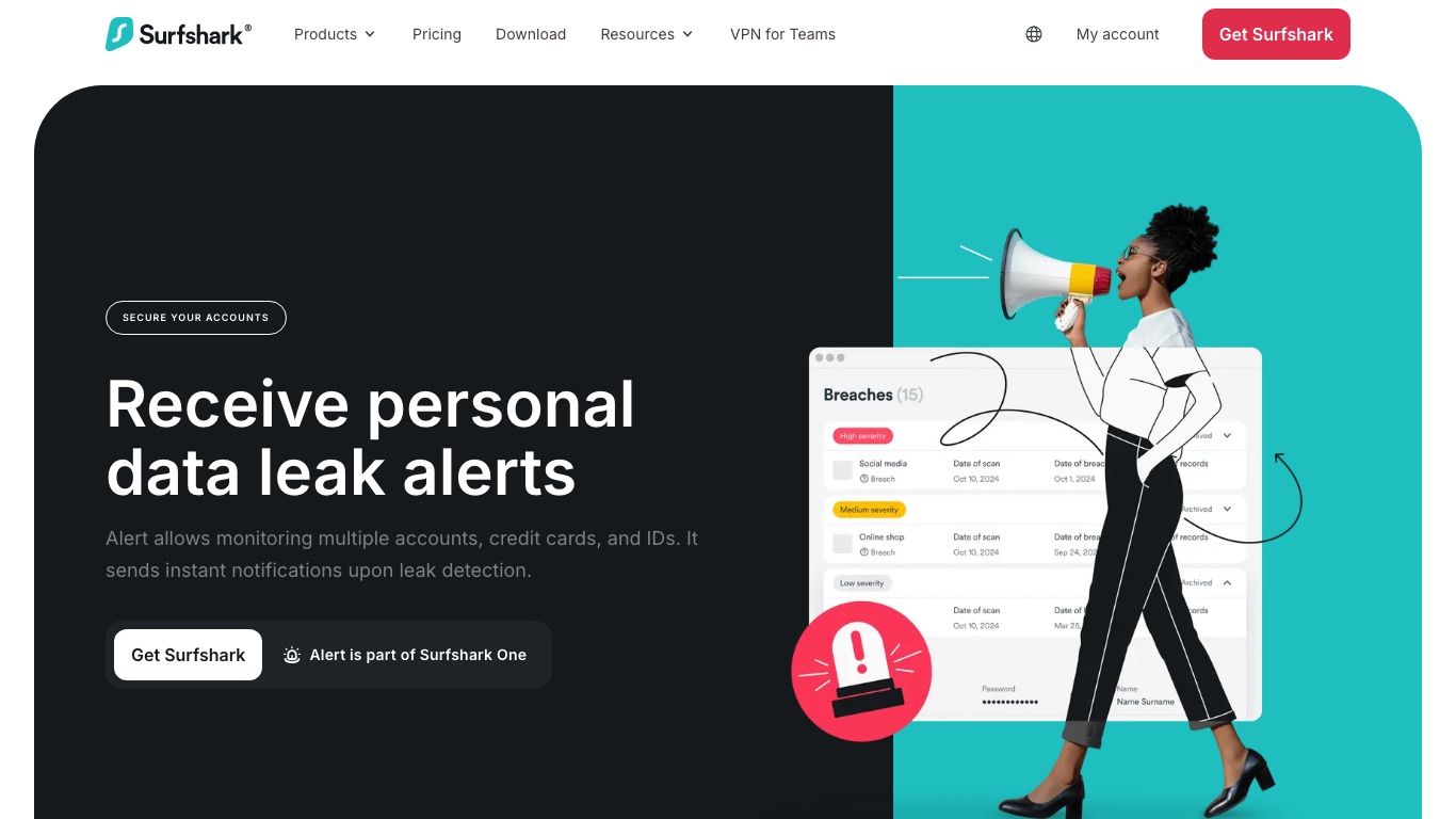 Surfshark Alert の公式ページ。メールアドレス・クレジットカード・IDの流出を監視し、Surfshark One に含まれる