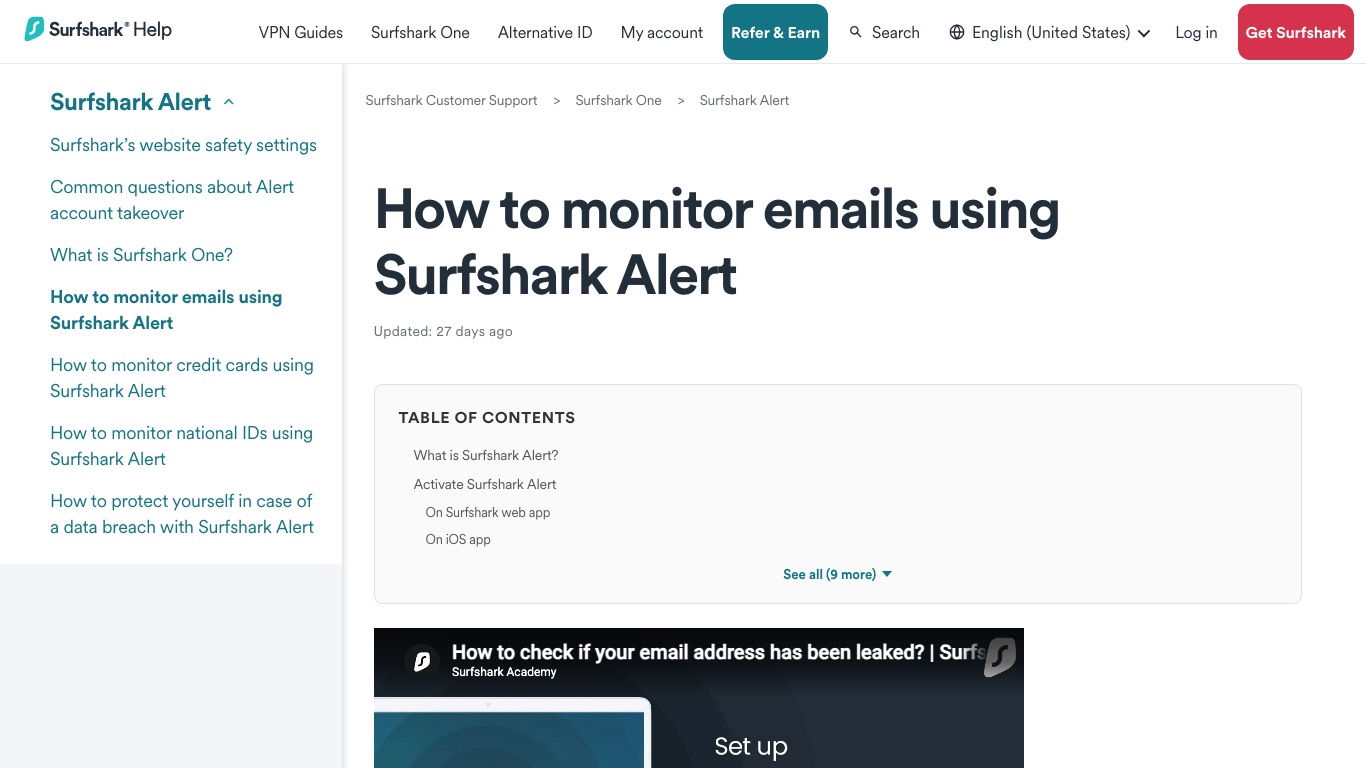 Surfshark 公式ヘルプ「How to monitor emails using Surfshark Alert」。メールアドレスの監視手順が案内されている