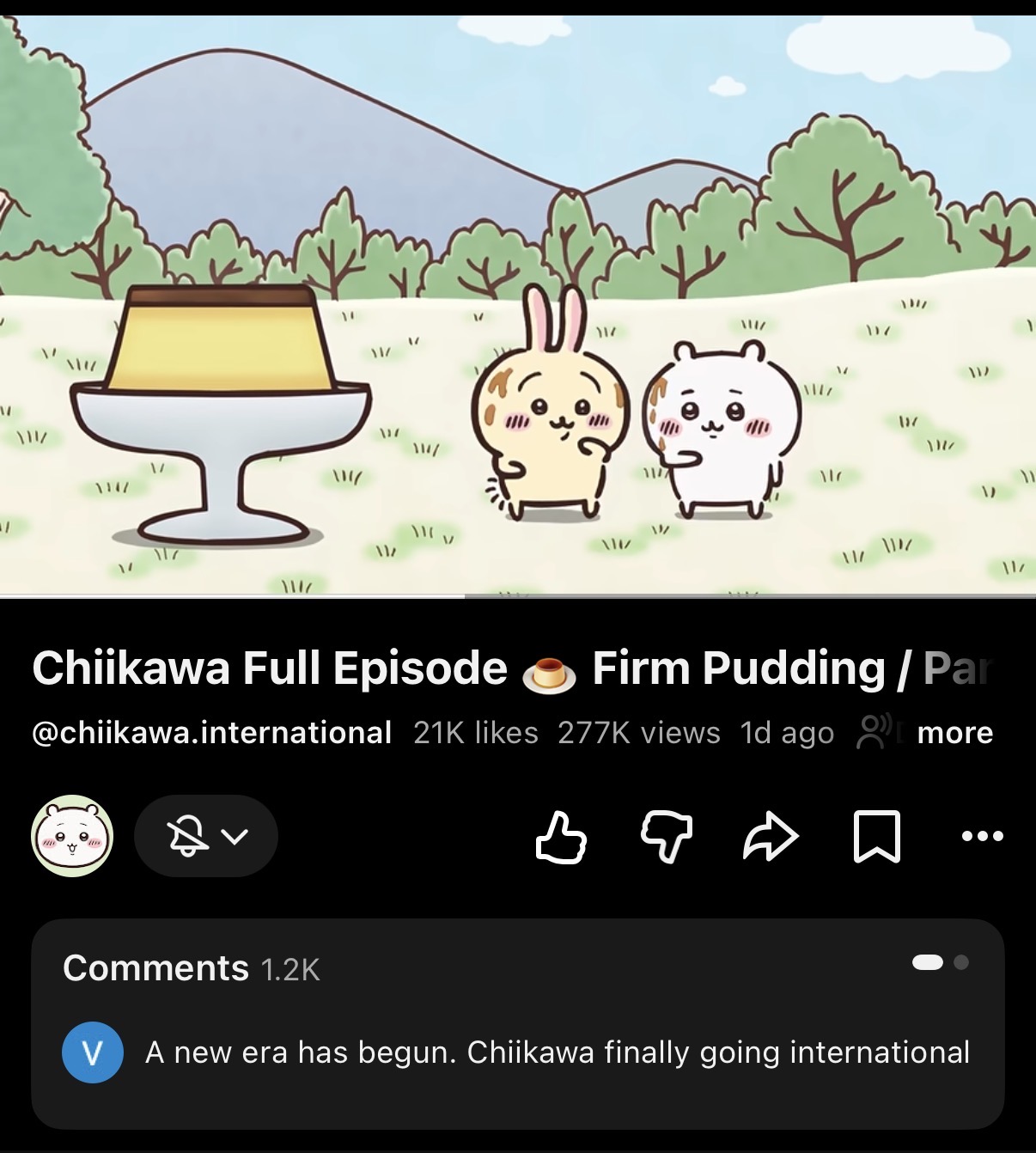 Chiikawa Officialで配信中の英語吹き替え版フルエピソード「Firm Pudding」。VPNでアメリカのサーバーに接続すると日本からも再生できる