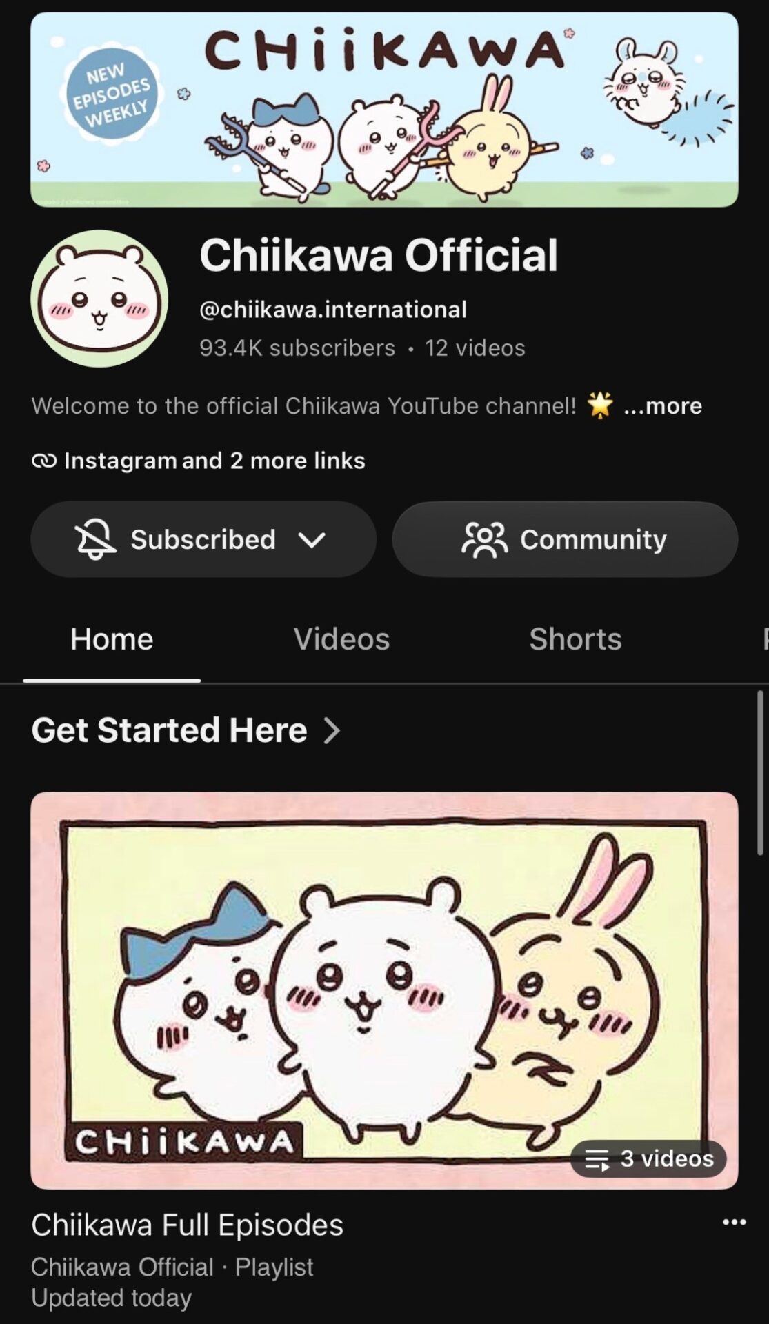 YouTubeの海外向け公式チャンネル「Chiikawa Official（@chiikawa.international）」。英語吹き替え版のフルエピソードを毎週追加