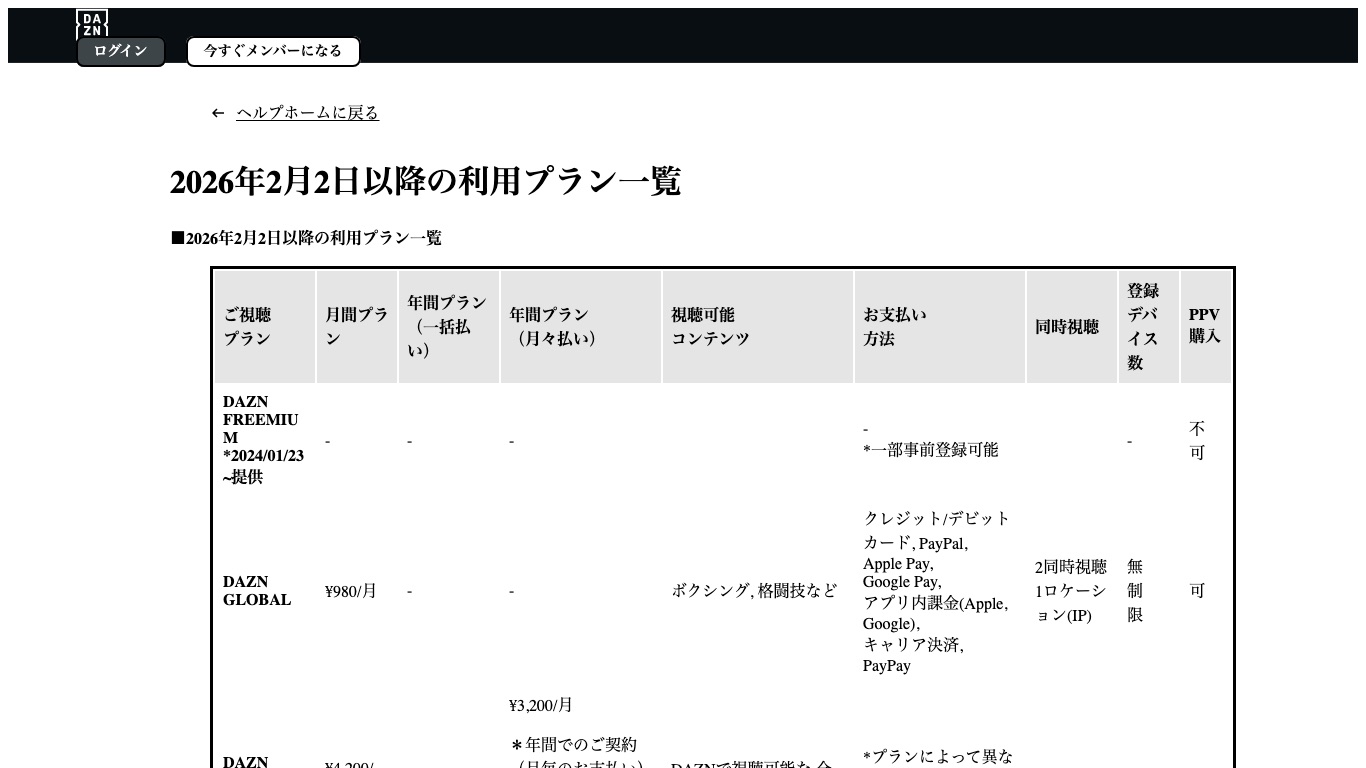DAZN公式ヘルプの利用プラン一覧。BASEBALLは年間一括27,600円でプロ野球全コンテンツが対象になる