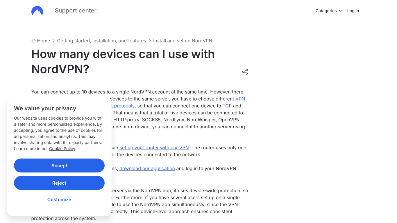 NordVPN公式サポートの端末数ページ。ルーターに設定すれば1台分の枠でネットワーク上の機器がまとめて保護される