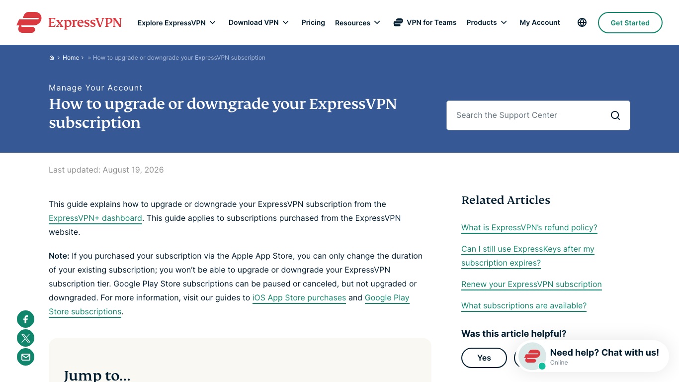 ExpressVPN公式サポートのプラン変更ページ。App Store経由の契約はグレードを変更できないと案内されている